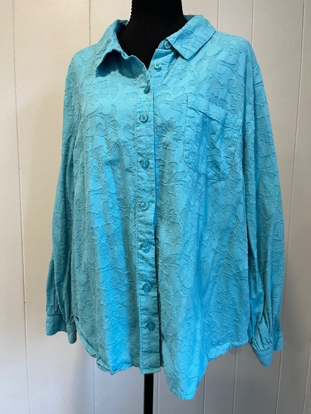 Isaac Mizrahi Live Turquoise Floral Textured Long Sleeve 100% Cotton Top sz XL